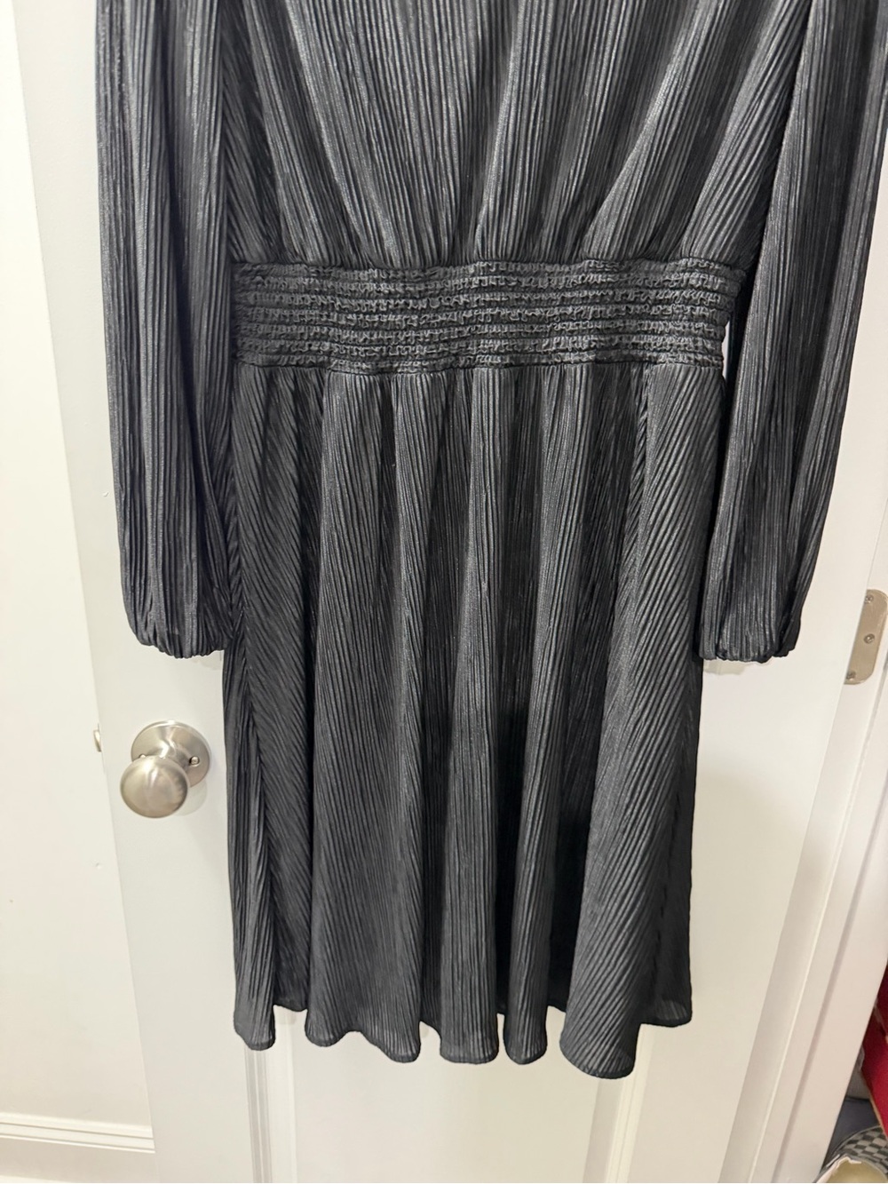 Kensie Black V-Neck Long Sleeve Pleated Smocked Waist Dress - Picture 3 of 6